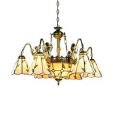 Tiffany Cut Glass Beige Pendant Chandelier: Conical Hanging Light with Mermaid Deco and 9/11 Lights - This product is a beautiful Tiffany-style pendant chandelier that would make a great addition to any room. It features nine or 11 lights (your choice)